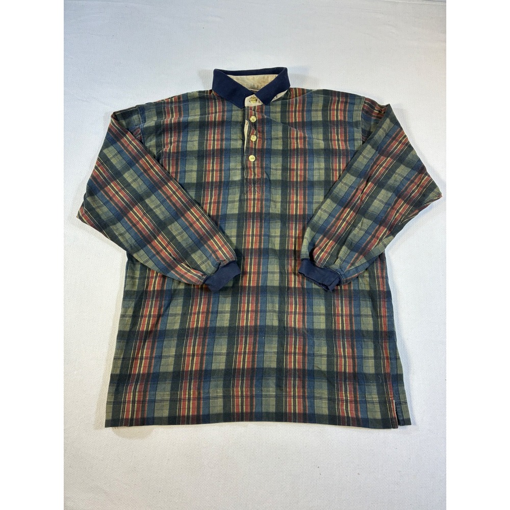 Vintage Apparel Workshop Mens‎ Large Plaid Long Sleeve Polo Shirt Green Red